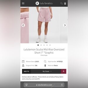 NWT Lululemon Scuba Mid-Rise Oversized Short 7" *Graphic
Pink Haze